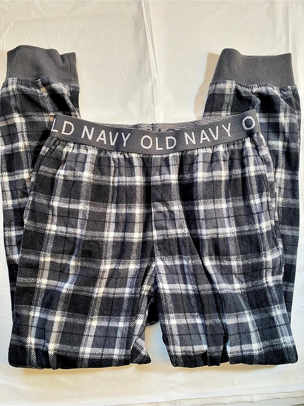 Old Navy Boys Large 10/12 Black Gray Plaid Fleece Pajama Jogger Pants